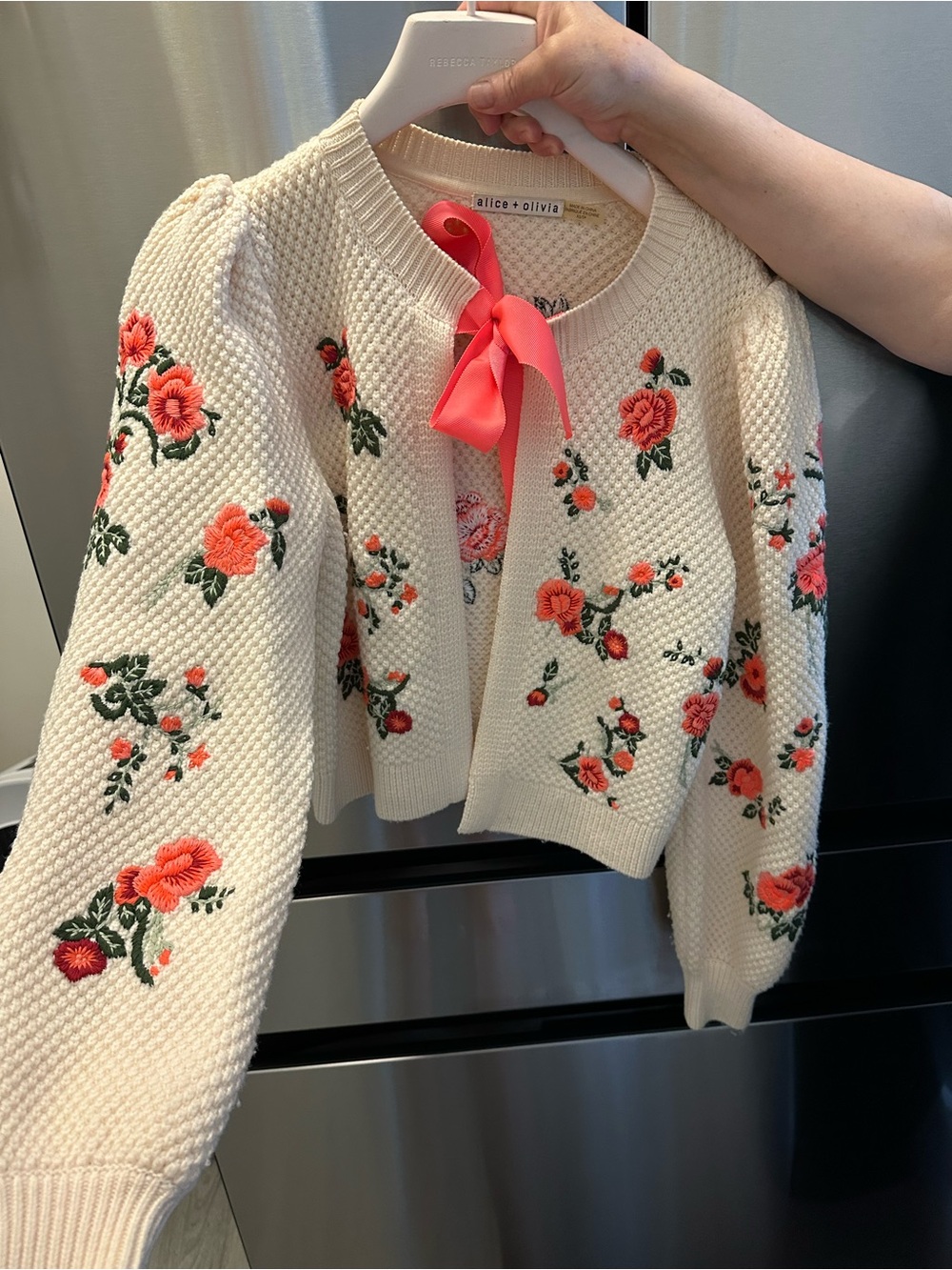 Alice + Olivia Cream Cardigan with Coral Floral Embroidery and Pink Bow - Picture 2 of 9
